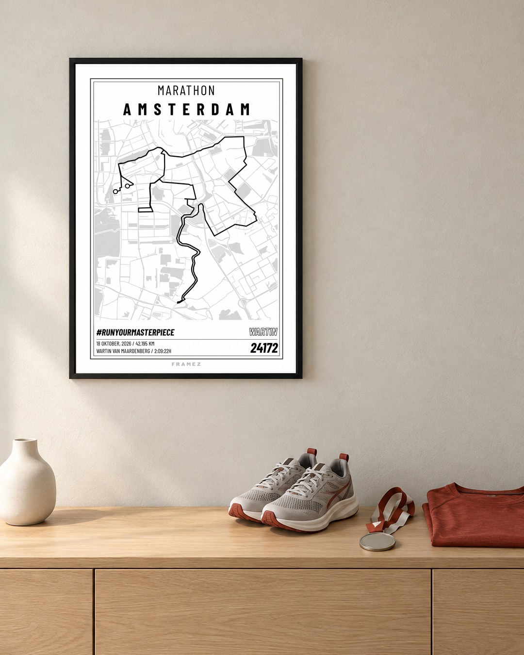 Amsterdam Marathon 2026 poster met gepersonaliseerde marathonroute in zwarte lijst